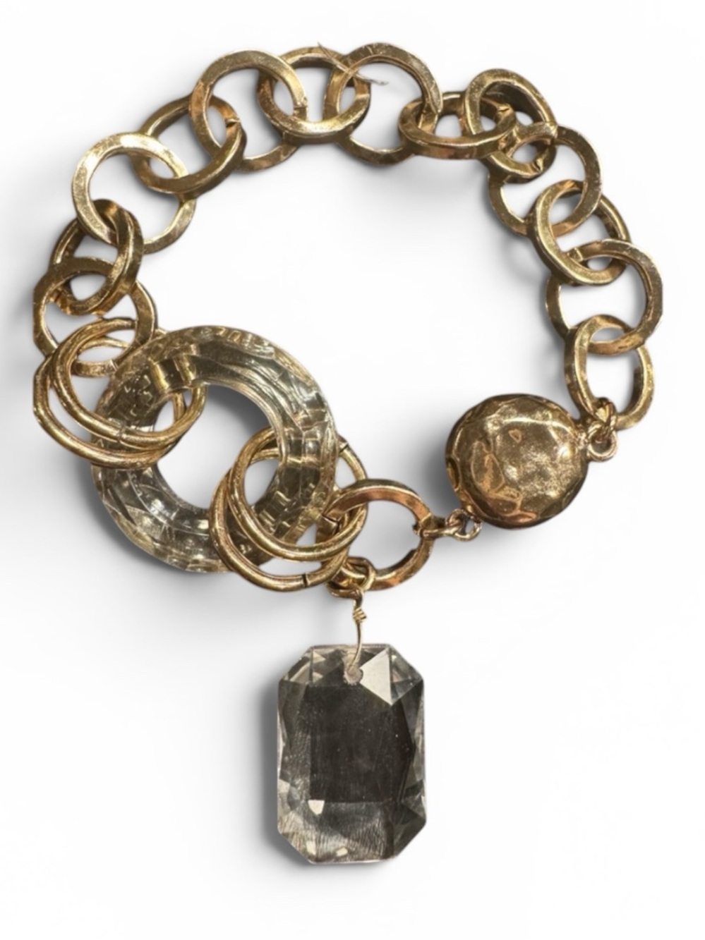 Chico's Chunky Gold Link Bracelet with Clear Resin Loop & Faceted Pendant - Picture 2 of 5
